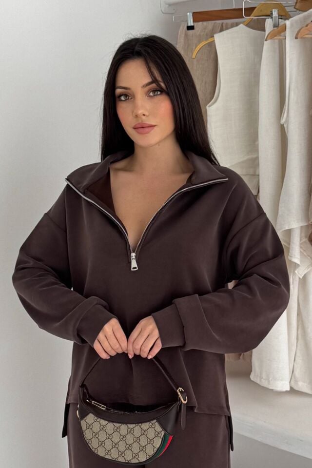 Balenbi Premium Modal Kumaş Yarım Fermuar Kadın Sweatshirt 1114 S - Kahverengi