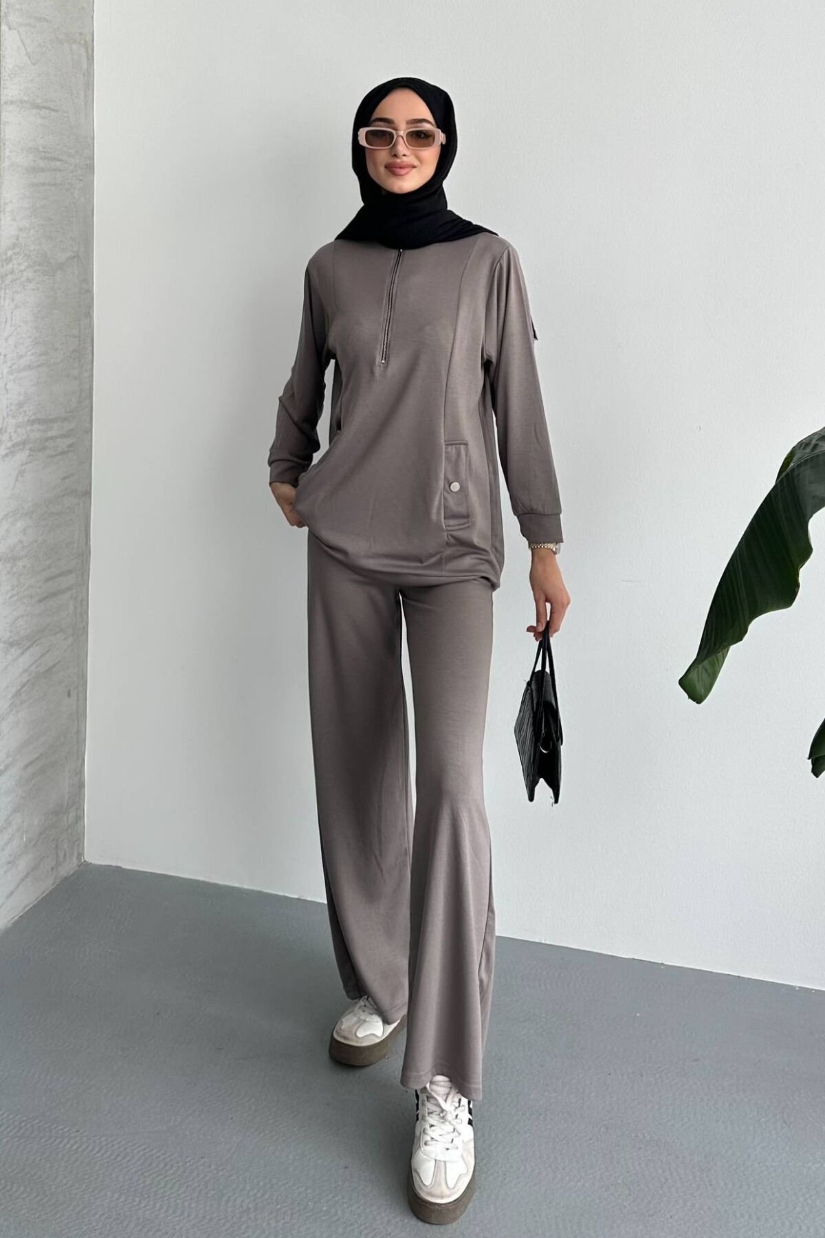 Feela Moda Kadın Modal Penye Oversize Metal Fermuar Tesettür Tunik Takım 2021 XL - Vizon