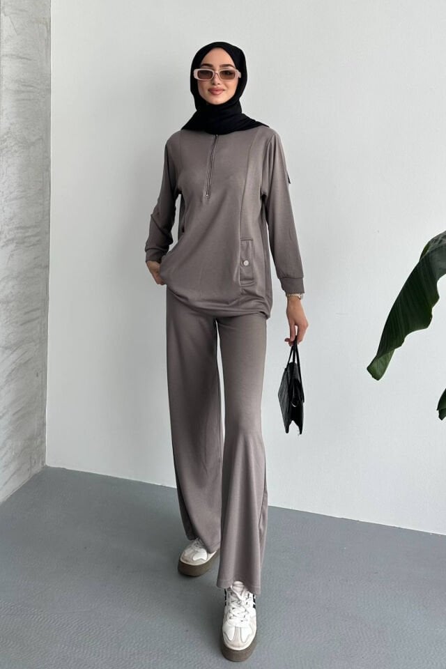 Feela Moda Kadın Modal Penye Oversize Metal Fermuar Tesettür Tunik Takım 2021 Vizon - XL