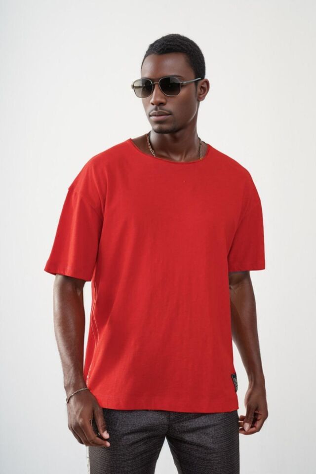 Balenbi Unisex Pis Yaka Basic Eteği Armalı Oversize Kalıp Tişört 1014 2XL - Kırmızı