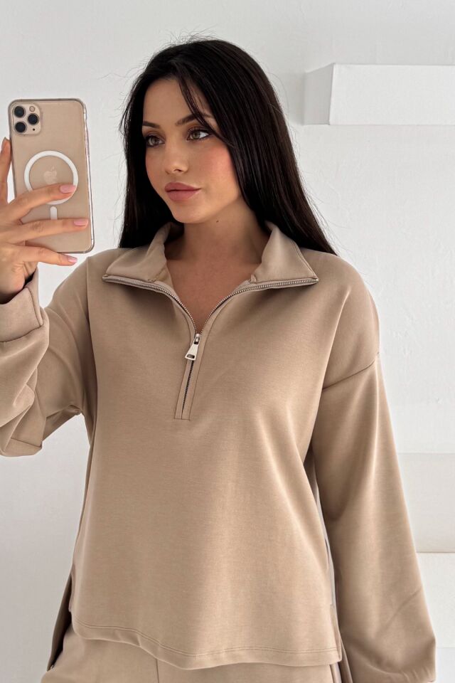 Balenbi Premium Modal Kumaş Yarım Fermuar Kadın Sweatshirt 1114 XL - Bej