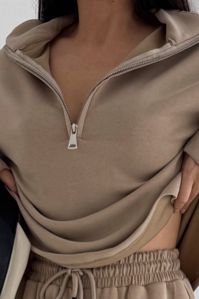 Balenbi Premium Modal Kumaş Yarım Fermuar Kadın Sweatshirt 1114 XL - Bej