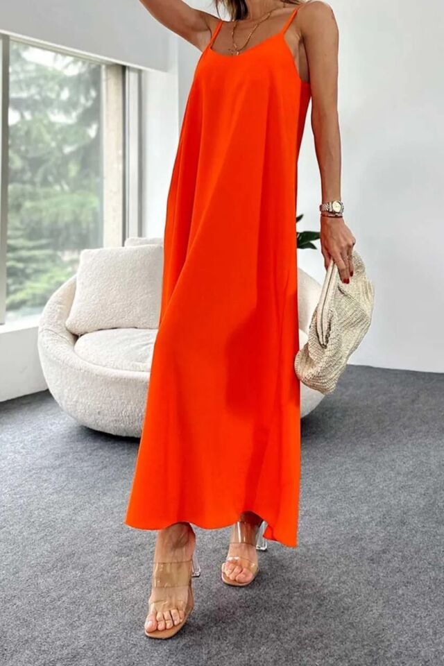 Balenbi Kadın Aerobin Kumaş Ayarlanabilir Askılı Uzun Elbise 1099 S - Turuncu