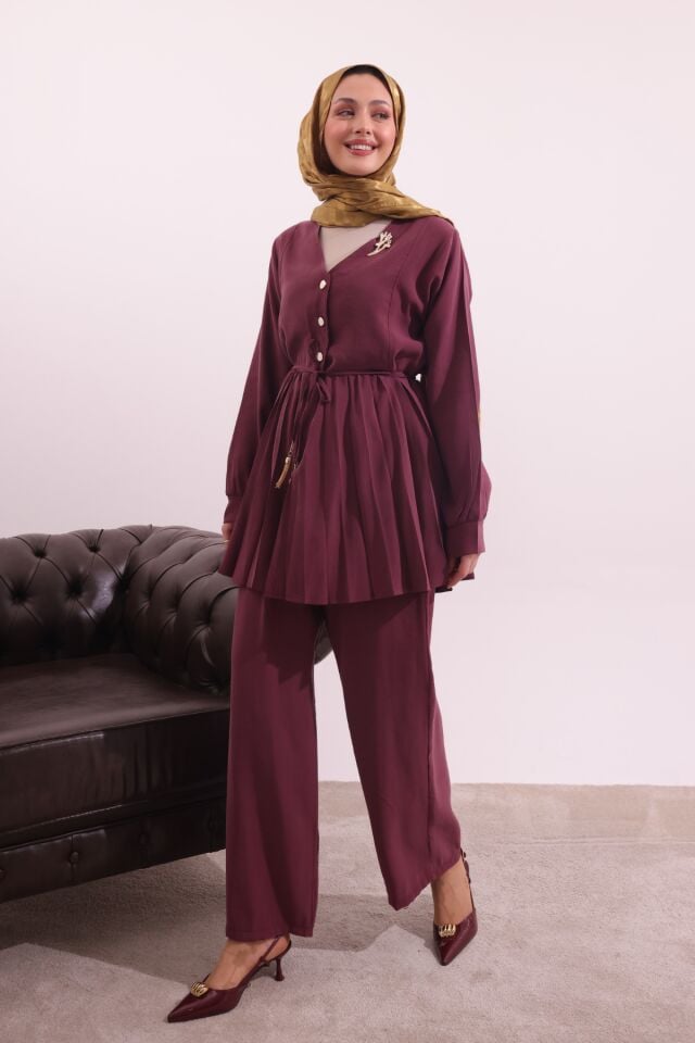 Balenbi Pilise Detaylı Beli Bağcıklı Dokuma Tesettür Takım 1182 – Form Serisi XL/2XL - Bordo