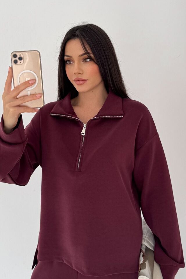 Balenbi Premium Modal Kumaş Yarım Fermuar Kadın Sweatshirt 1114 XL - Bordo
