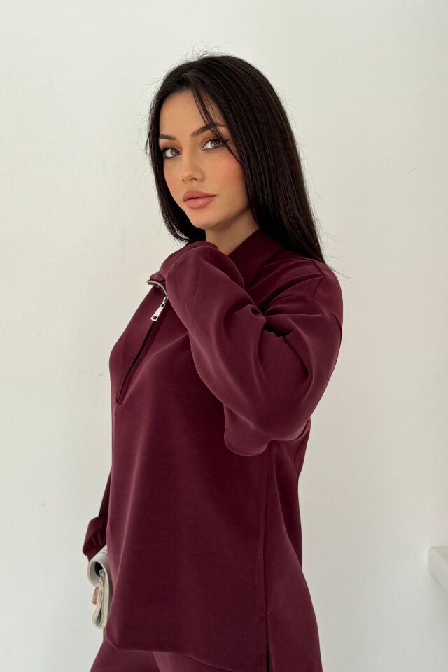 Balenbi Premium Modal Kumaş Yarım Fermuar Kadın Sweatshirt 1114 XL - Bordo