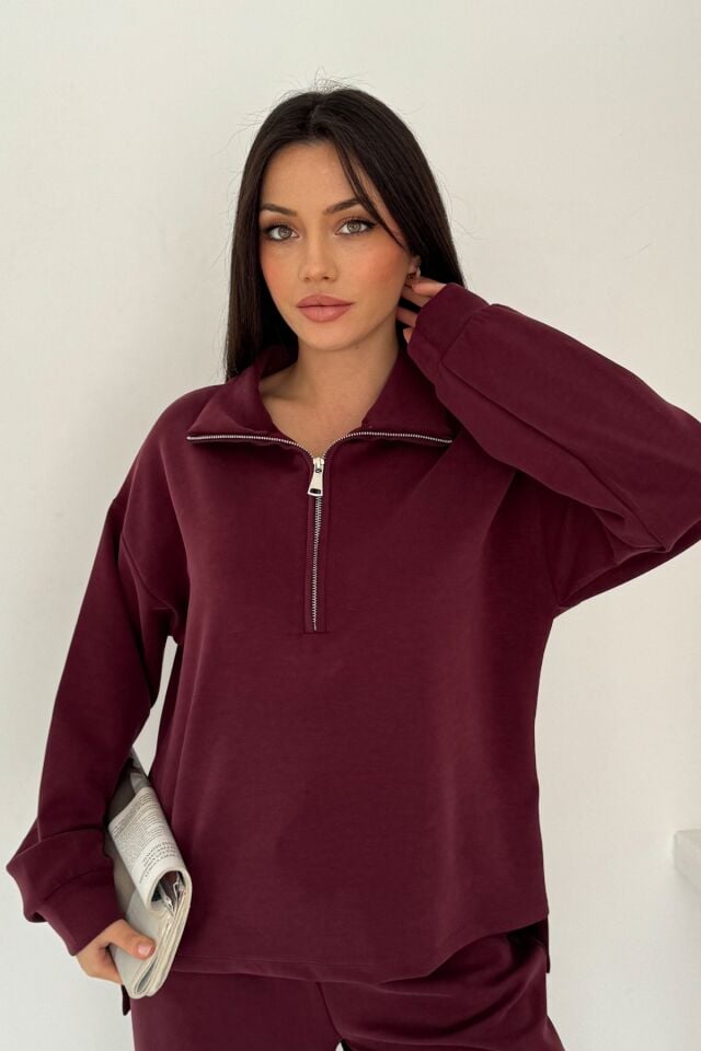 Balenbi Premium Modal Kumaş Yarım Fermuar Kadın Sweatshirt 1114 XL - Bordo