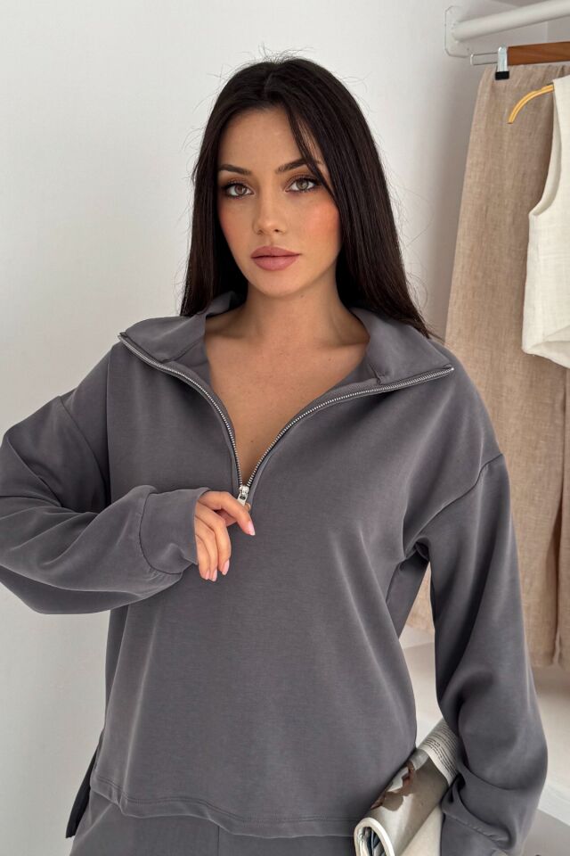 Balenbi Premium Modal Kumaş Yarım Fermuar Kadın Sweatshirt 1114 XL - Gri