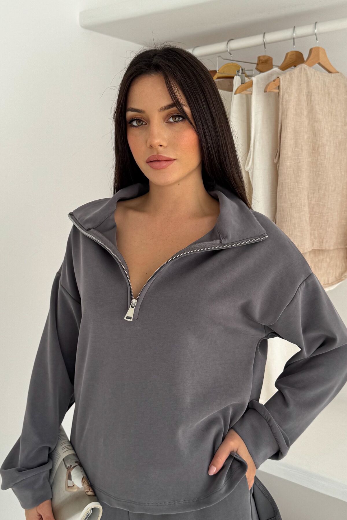 Balenbi Premium Modal Kumaş Yarım Fermuar Kadın Sweatshirt 1114 XL - Gri