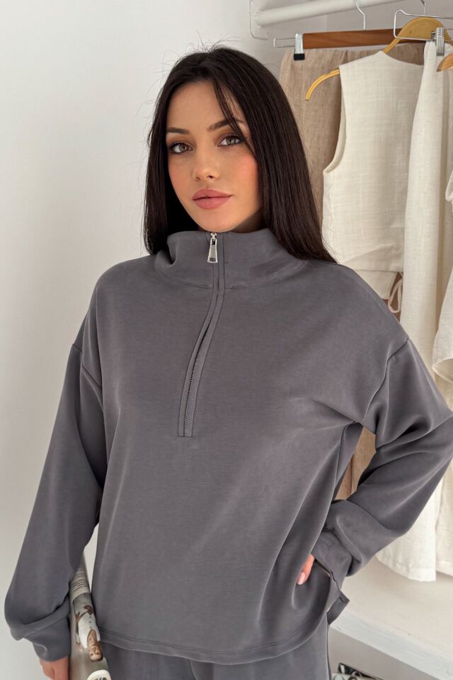 Balenbi Premium Modal Kumaş Yarım Fermuar Kadın Sweatshirt 1114 XL - Gri