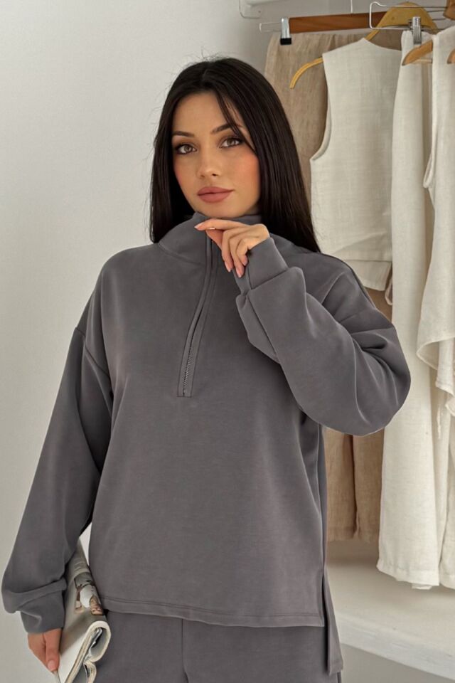 Balenbi Premium Modal Kumaş Yarım Fermuar Kadın Sweatshirt 1114 XL - Gri