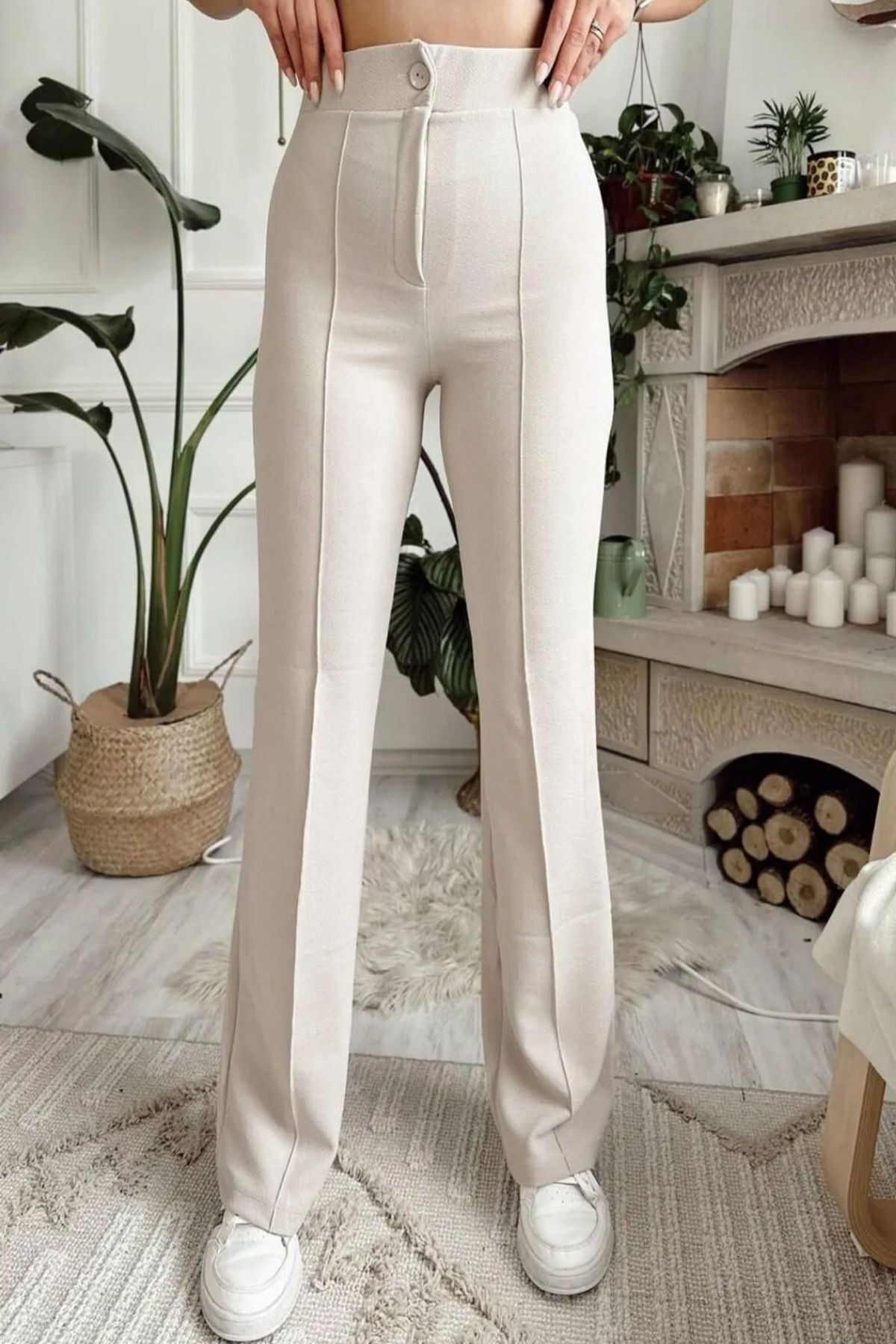 Balenbi 1079 Kadın Bej Yüksek Bel Toparlayıcı Ispanyol Paça Palazzo Pantolon 36 - Taş