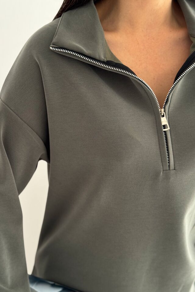 Balenbi Premium Modal Kumaş Yarım Fermuar Kadın Sweatshirt 1114 XL - Haki
