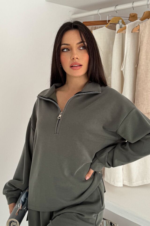 Balenbi Premium Modal Kumaş Yarım Fermuar Kadın Sweatshirt 1114 XL - Haki