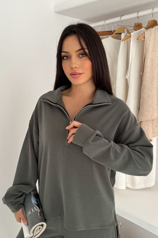 Balenbi Premium Modal Kumaş Yarım Fermuar Kadın Sweatshirt 1114 XL - Haki
