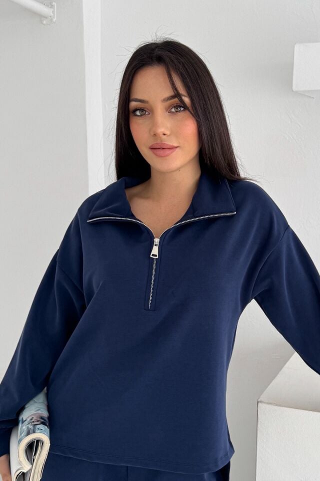 Balenbi Premium Modal Kumaş Yarım Fermuar Kadın Sweatshirt 1114 XL - Lacivert