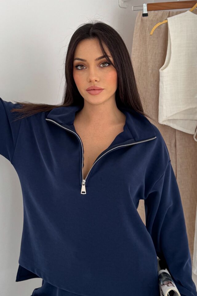 Balenbi Premium Modal Kumaş Yarım Fermuar Kadın Sweatshirt 1114 XL - Lacivert