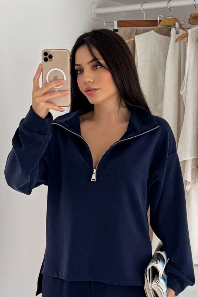 Balenbi Premium Modal Kumaş Yarım Fermuar Kadın Sweatshirt 1114 XL - Lacivert