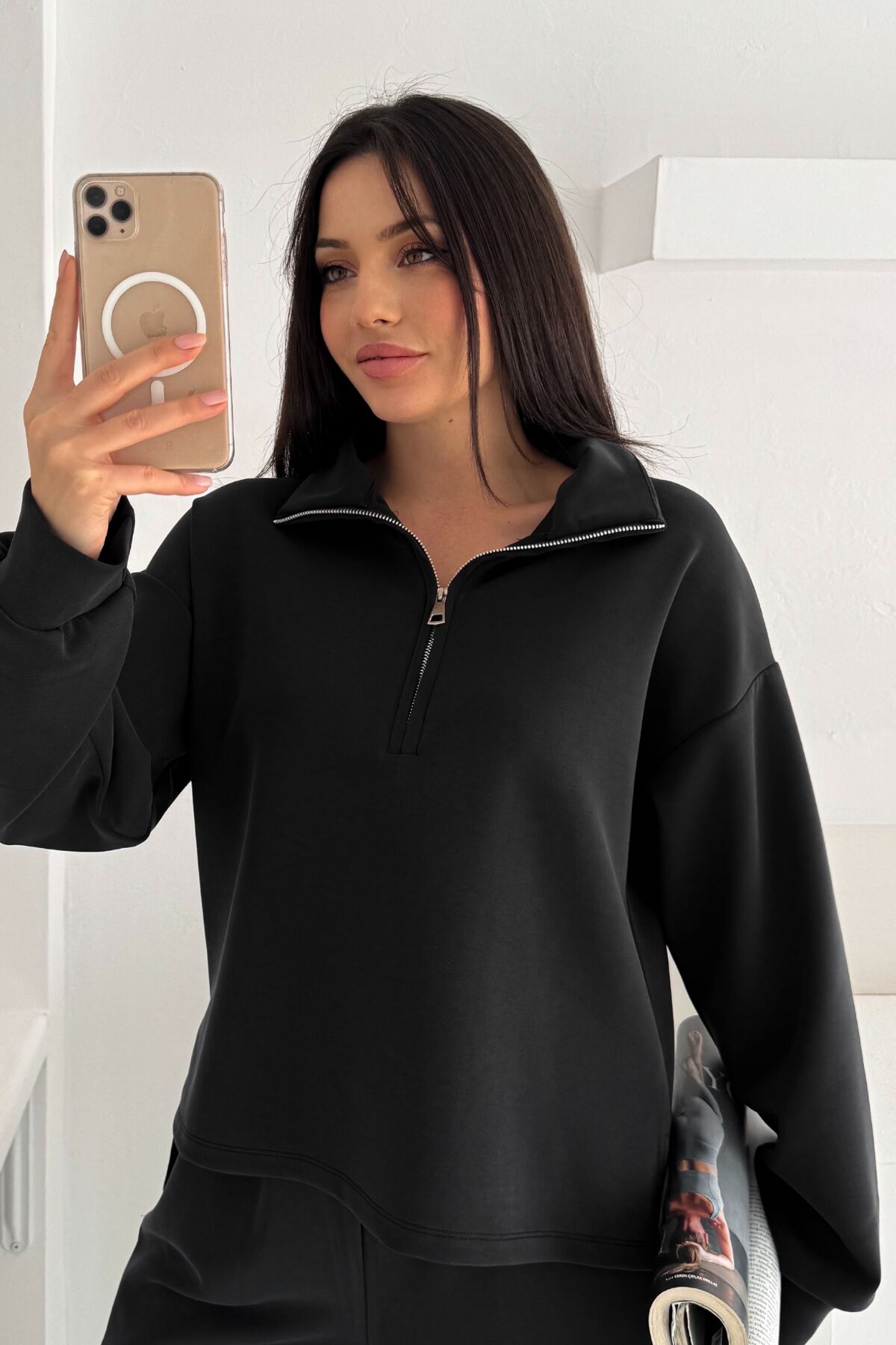 Balenbi Premium Modal Kumaş Yarım Fermuar Kadın Sweatshirt 1114 XL - Siyah