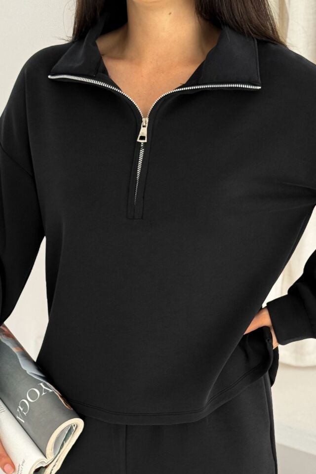 Balenbi Premium Modal Kumaş Yarım Fermuar Kadın Sweatshirt 1114 XL - Siyah