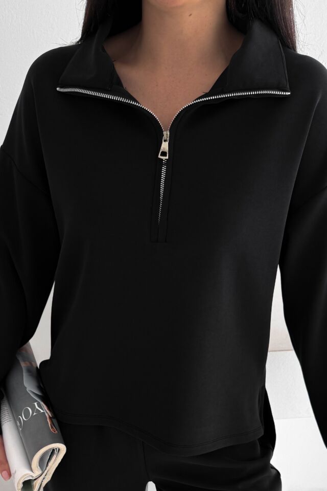 Balenbi Premium Modal Kumaş Yarım Fermuar Kadın Sweatshirt 1114 XL - Siyah