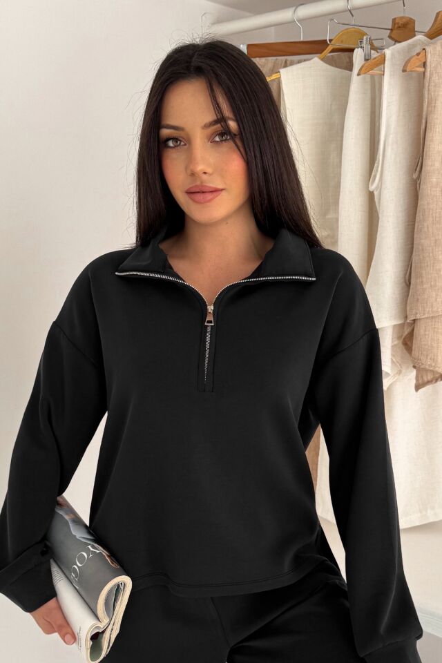 Balenbi Premium Modal Kumaş Yarım Fermuar Kadın Sweatshirt 1114 XL - Siyah