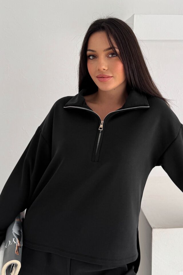 Balenbi Premium Modal Kumaş Yarım Fermuar Kadın Sweatshirt 1114 XL - Siyah