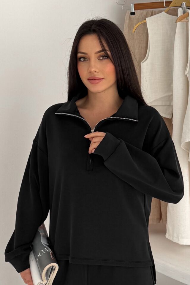 Balenbi Premium Modal Kumaş Yarım Fermuar Kadın Sweatshirt 1114 XL - Siyah