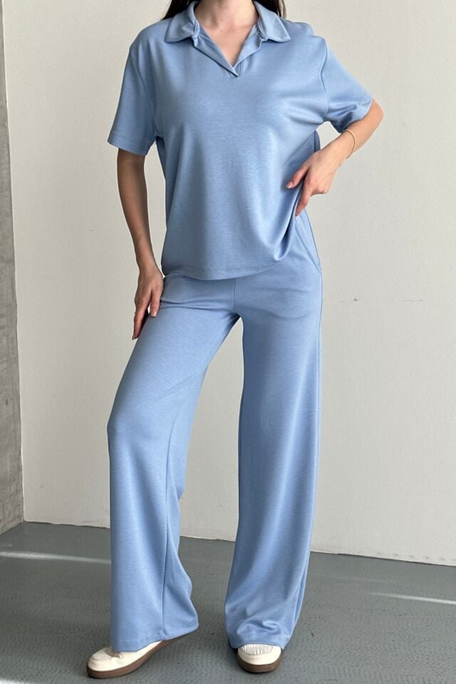 Balenbi Kadın Modal Kumaş Yarım Kollu Polo Yaka Eşofman Takımı 1210 Mavi - XL