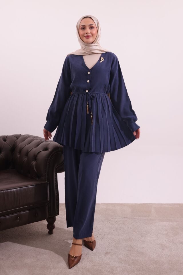 Balenbi Pilise Detaylı Beli Bağcıklı Dokuma Tesettür Takım 1182 – Form Serisi XL/2XL - Lacivert
