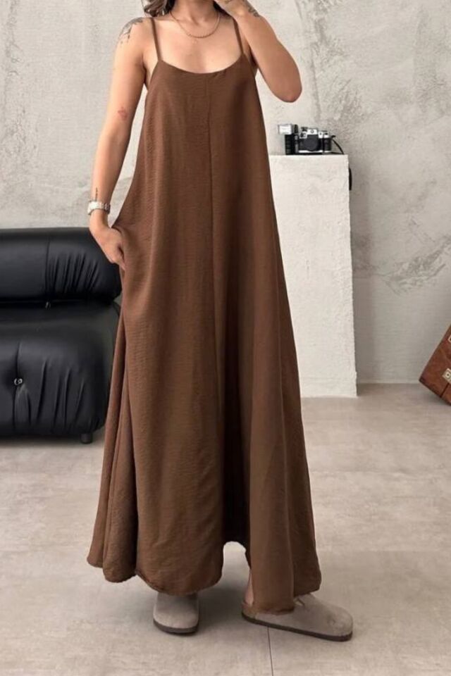 Balenbi Kadın Aerobin Kumaş Ayarlanabilir Askılı Uzun Elbise 1099 S - Kahverengi