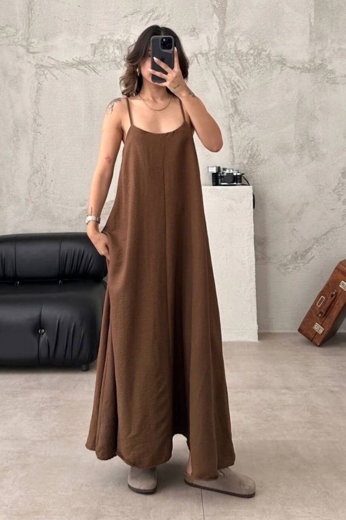 Balenbi Kadın Aerobin Kumaş Ayarlanabilir Askılı Uzun Elbise 1099 S - Kahverengi