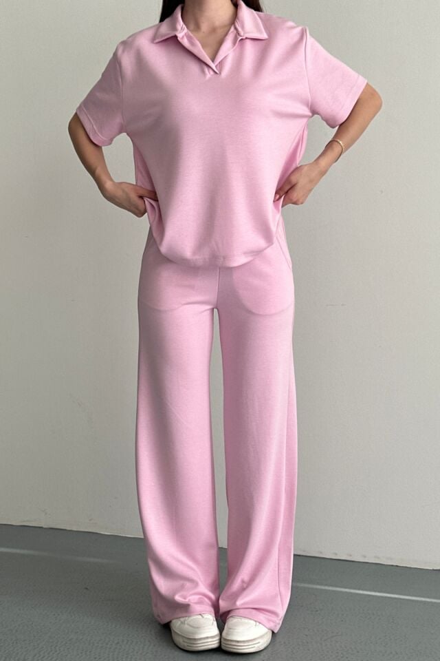 Balenbi Kadın Modal Kumaş Yarım Kollu Polo Yaka Eşofman Takımı 1210 Pembe - S