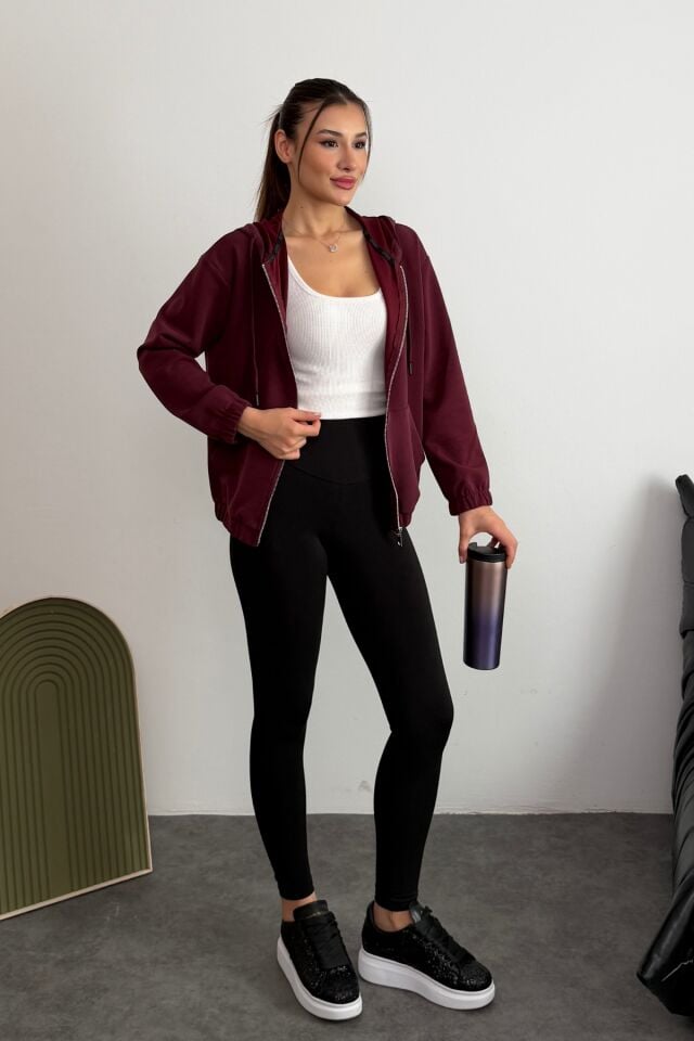 Balenbi Premium Modal Kumaş Kapüşonlu Kadın Hırka 1149 Bordo - XL