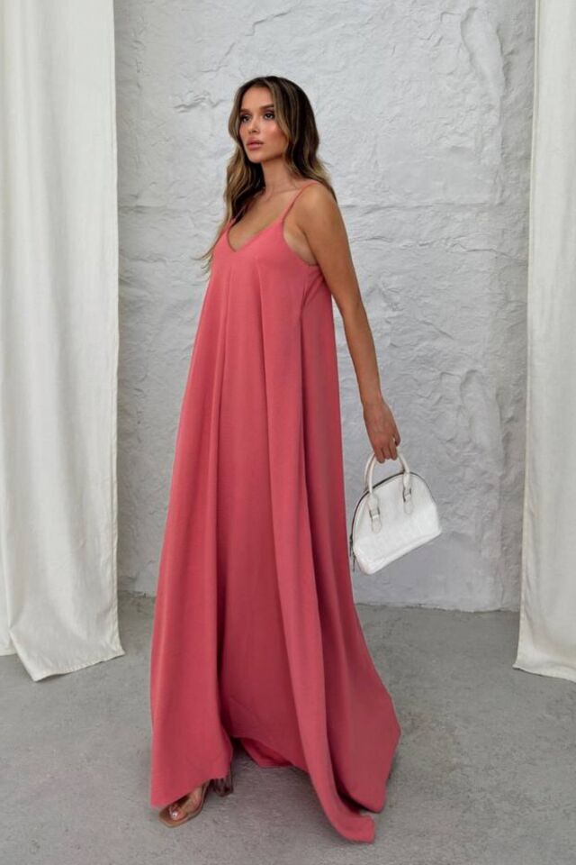 Balenbi Kadın Aerobin Kumaş Ayarlanabilir Askılı Uzun Elbise 1099 S - Mercan