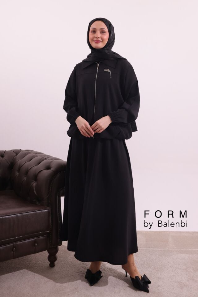 Balenbi Fermuar Detaylı Gömlek Yaka Dokuma Etekli Tesettür Takım 1180 – Form Serisi Siyah - XL/2XL