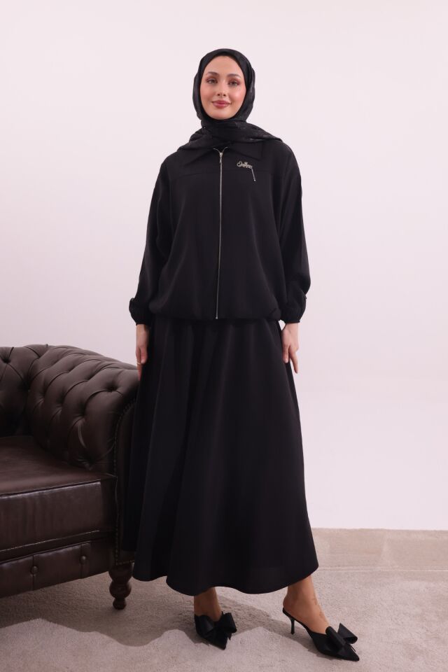 Balenbi Fermuar Detaylı Gömlek Yaka Dokuma Etekli Tesettür Takım 1180 – Form Serisi Siyah - XL/2XL