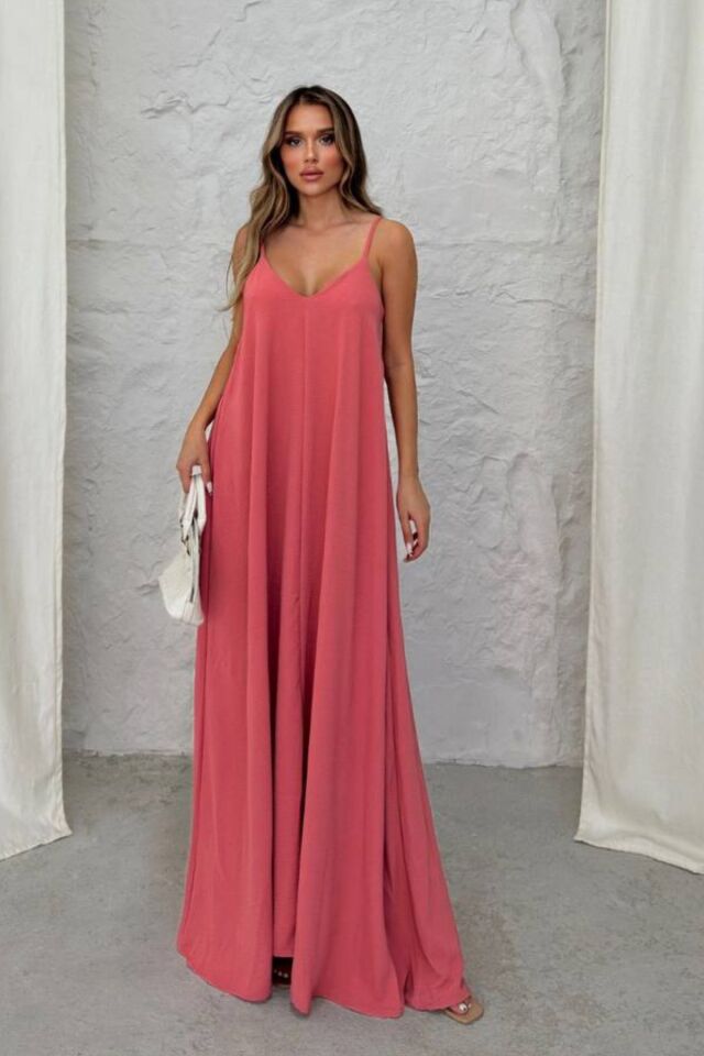 Balenbi Kadın Aerobin Kumaş Ayarlanabilir Askılı Uzun Elbise 1099 XL - Mercan