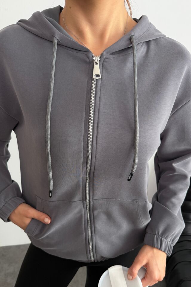 Balenbi Premium Modal Kumaş Kapüşonlu Kadın Hırka 1149 Gri - XL