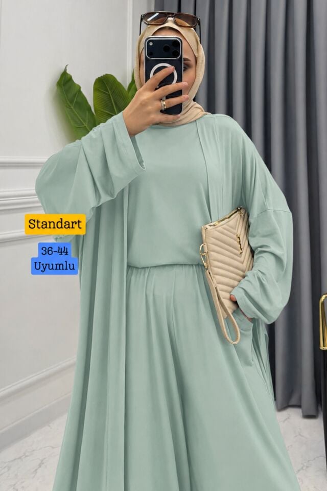 Balenbi Kadın Penye Uzun Hırka Bluz Geniş Paça Pantolon Abaya Takım 1217 Standart - Mint