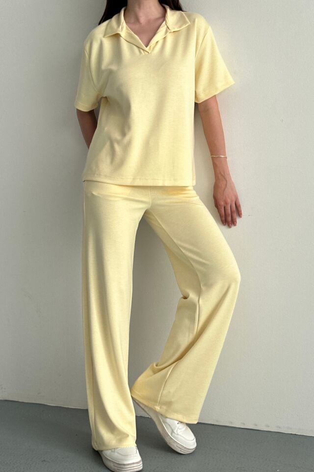 Balenbi Kadın Modal Kumaş Yarım Kollu Polo Yaka Eşofman Takımı 1210 Sarı - XL