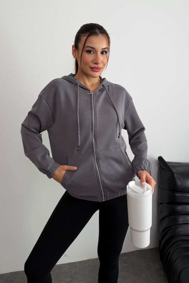 Balenbi Premium Modal Kumaş Kapüşonlu Kadın Hırka 1149 XL - Gri