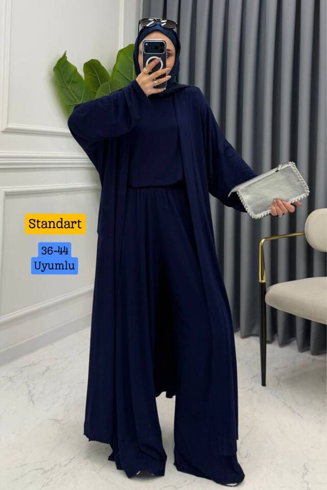 Balenbi Kadın Penye Uzun Hırka Bluz Geniş Paça Pantolon Abaya Takım 1217 Standart - Lacivert