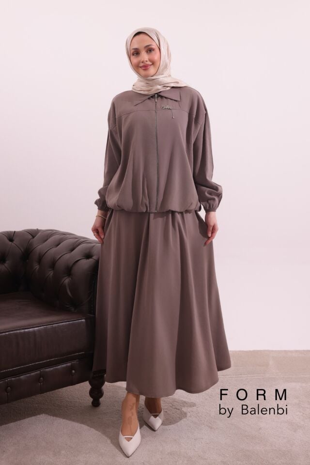 Balenbi Fermuar Detaylı Gömlek Yaka Dokuma Etekli Tesettür Takım 1180 – Form Serisi Toprak - XL/2XL