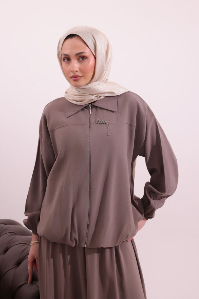 Balenbi Fermuar Detaylı Gömlek Yaka Dokuma Etekli Tesettür Takım 1180 – Form Serisi Toprak - XL/2XL