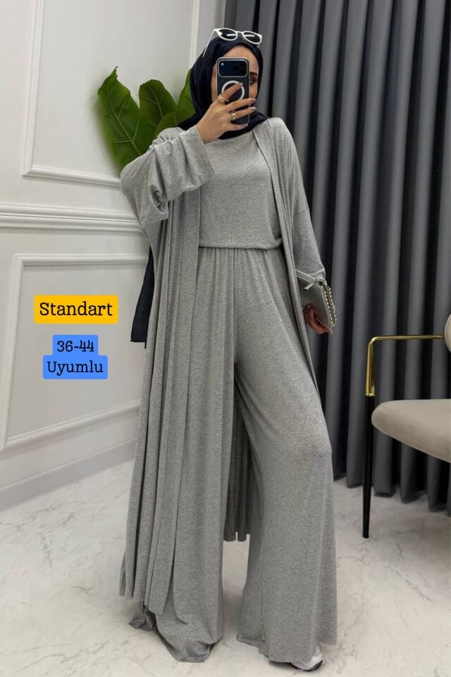 Balenbi Kadın Penye Uzun Hırka Bluz Geniş Paça Pantolon Abaya Takım 1217 Standart - Grimelanj