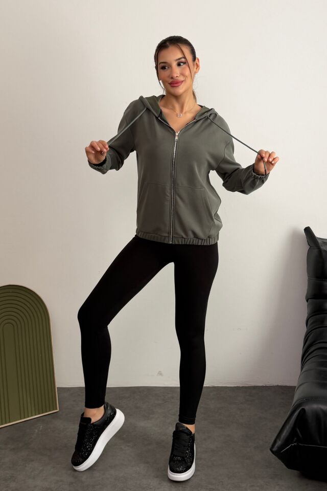 Balenbi Premium Modal Kumaş Kapüşonlu Kadın Hırka 1149 Haki - S