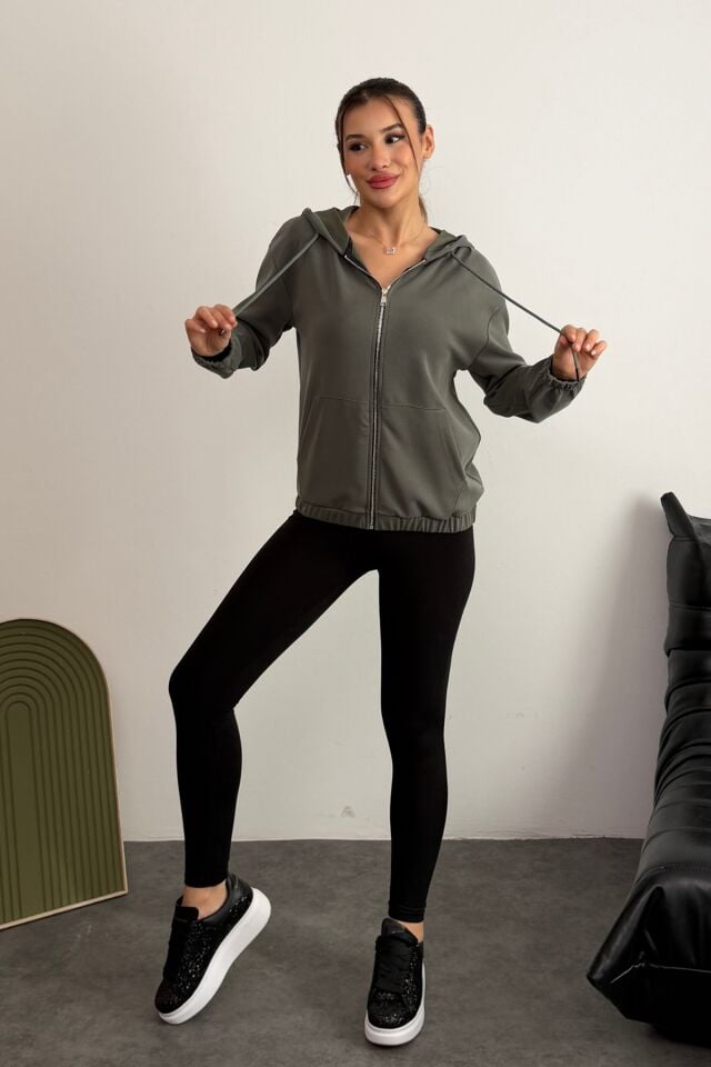 Balenbi Premium Modal Kumaş Kapüşonlu Kadın Hırka 1149 Haki - XL