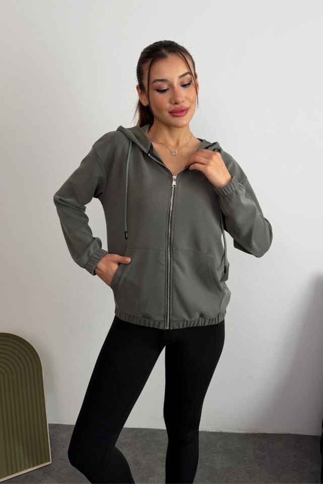 Balenbi Premium Modal Kumaş Kapüşonlu Kadın Hırka 1149 XL - Haki