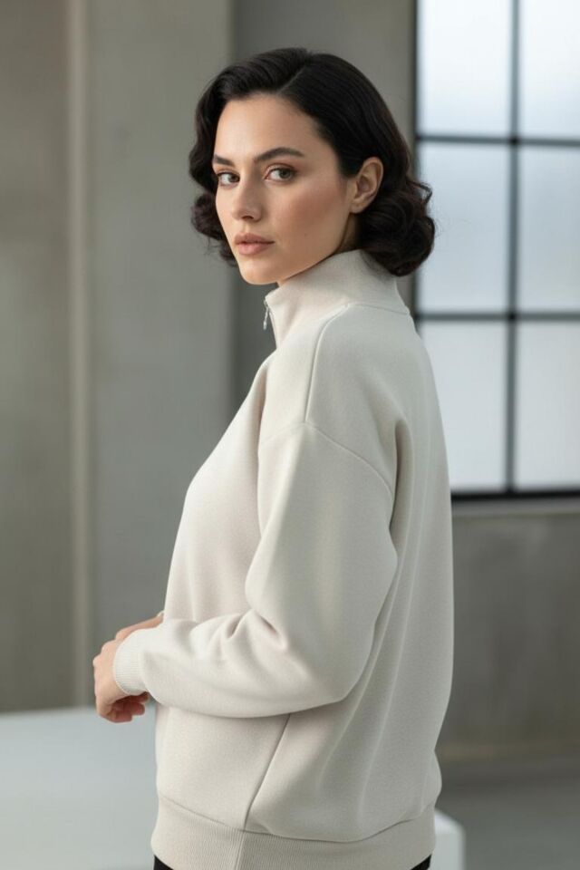 Balenbi Kadın 3 İplik İçi Polarlı Yarım Fermuarlı Oversize Sweatshirt 1112 S - Bej